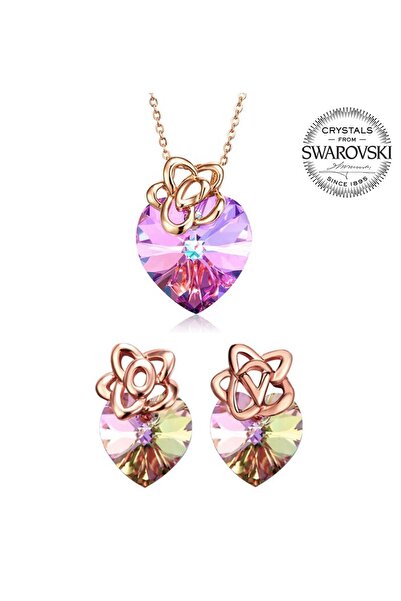 Monemel Mor Swarovski Taşlı Gümüş Üzeri Altın Kaplama Kalp Kolye Ve Küpe Set