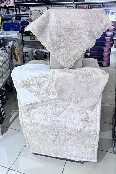 Çeyiz Diyarı Cappucino Colorful Hale Guipure Acetate Velvet Prayer Rug Set
