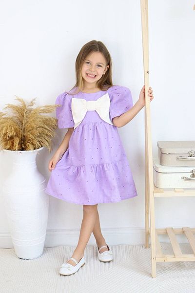 VOSVOSBABYSTORE Rochie liliac cu mânecă cu balon și detaliu fundă