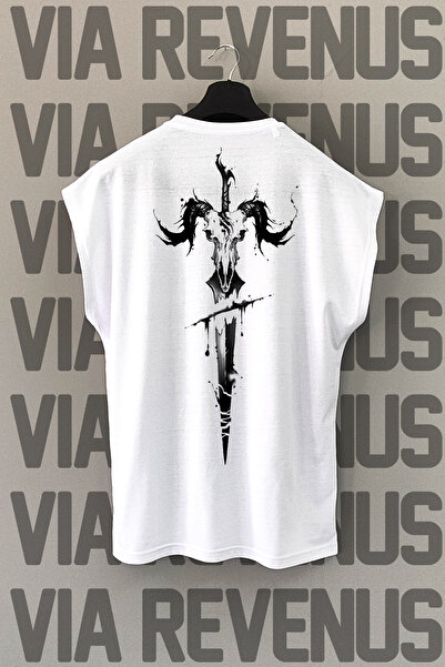 Vordevia Tricou sport alb - imprimat pe spate cu sabie, mâneci zero