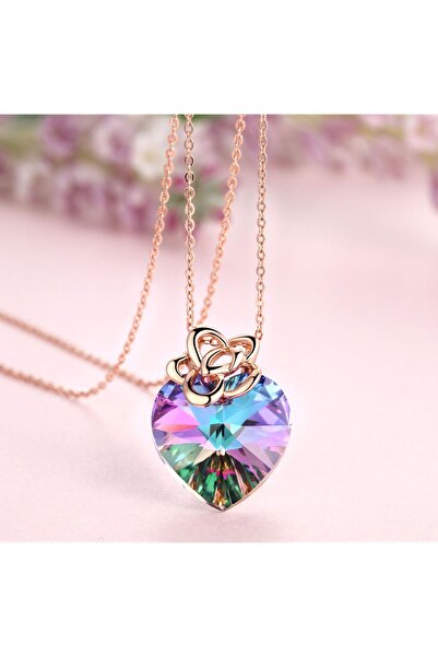 Monemel Mor i Taşlı Gümüş Üzeri Altın Kaplama Kalp Kolye