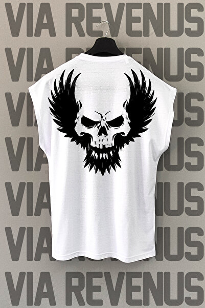 Vordevia Tricou sport alb cu mânecă zero imprimat pe spate cu craniu