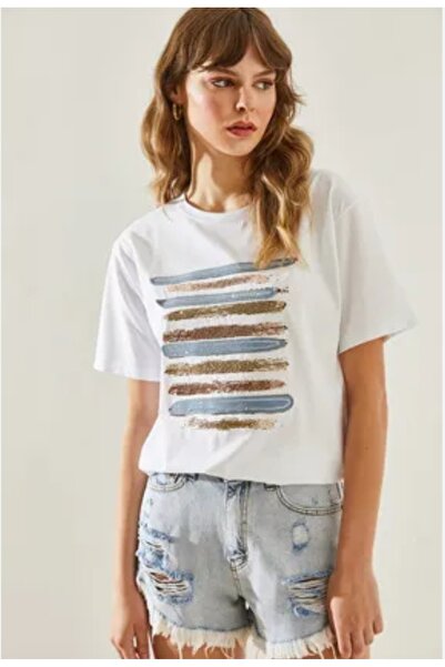 Melff Γυναικείο μπλουζάκι με λευκό τζιν απλικέ κέντημα με λεπτομέρειες