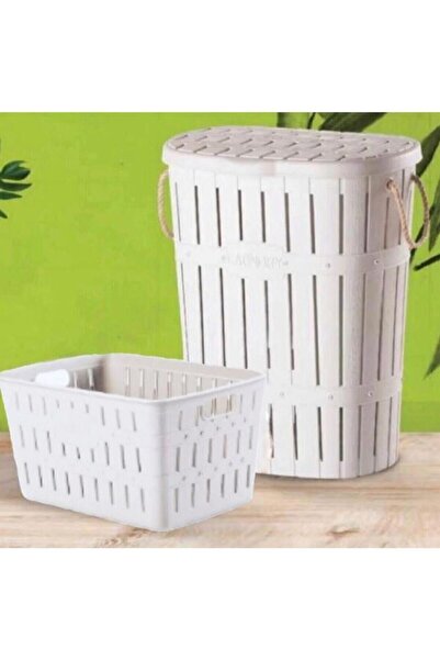 Violetta Set of 2 White Bamboo Rope Dirty Laundry Saddle and Basket