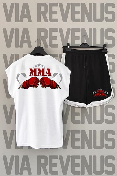 Vordevia MMA Fighter Printed White T-Shirt and Black Shorts - Zero Sleeve Sports Set