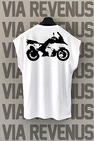 Vordevia Tricou sport alb - Motocicletă și imprimeu cu hărți, mâneci zero