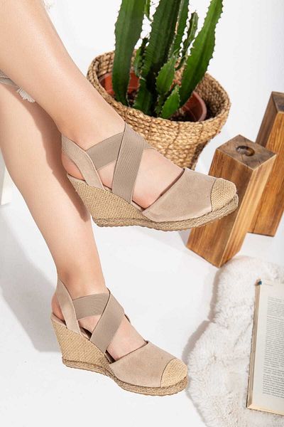Kartezyen Beige Suede Padded - Straw Detailed Women's Heeled Shoes Model 03