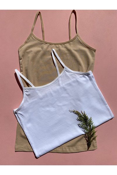 LEYNA BUTİK Cotton Lycra 2 Pieces Oval Collar Rope Strap Women's Athlete (White-Skin)