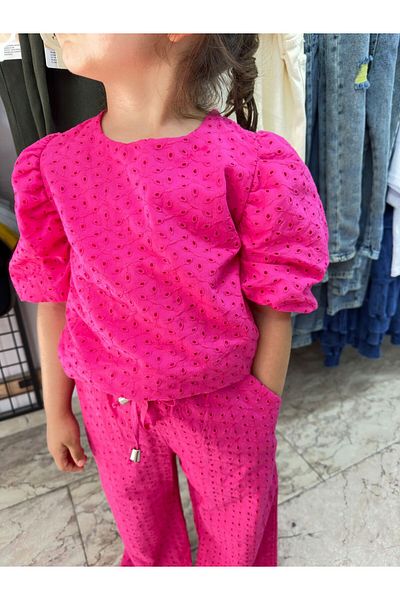 VOSVOSBABYSTORE Fuchsia Scallop Balloon Sleeve Blouse and Pants Set