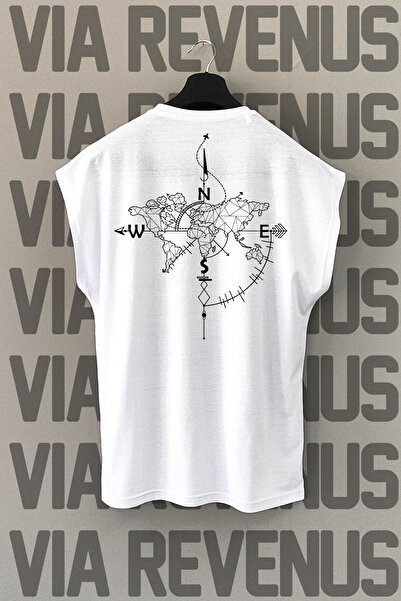 Vordevia تي شيرت رياضي أبيض - طباعة بوصلة وخريطة، أكمام صفر