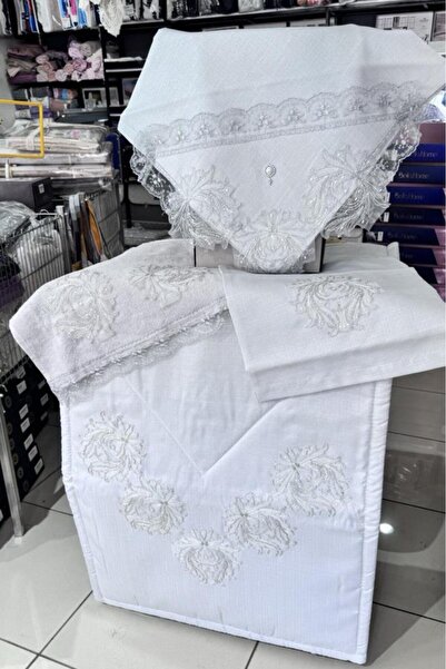 Çeyiz Diyarı Elma Gipürlü Asetat Keten Seccade Seti Gri