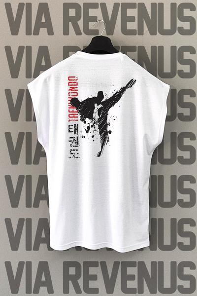 Vordevia Tricou alb sport Taekwondo - imprimat pe spate, mâneci zero