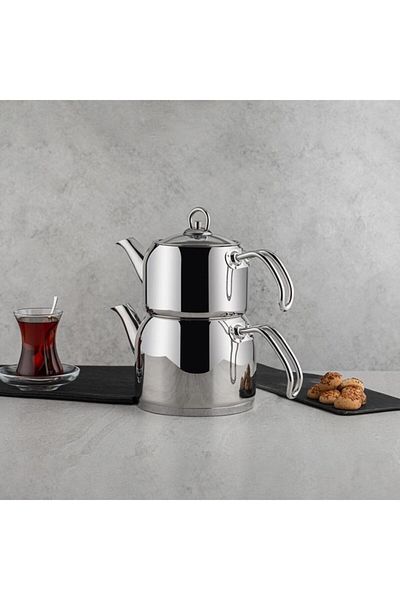 Nehir Burgundy Stainless Steel Mini Teapot Set - 1.60/0.80 Lt