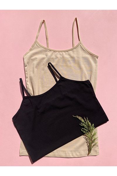 LEYNA BUTİK Cotton Lycra 2 Pieces Oval Collar Rope Strap Women's Athlete (Black-Skin)