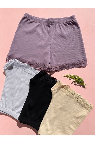 LEYNA BUTİK Pantaloni scurți din dantelă pentru femei, din bumbac, cu snur, 4 piese, piele de damson, gri-negru – chiloți
