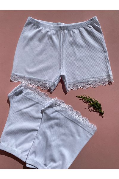 LEYNA BUTİK Pantaloni scurți din dantelă pentru femei, din bumbac, 3 piese, culoare albă – Chiloți