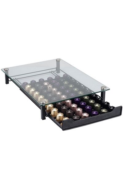 Nemtech Capsule Coffee Stand with Drawers Glass 50 Capsule Capacity Nespresso Jacobs Compatible