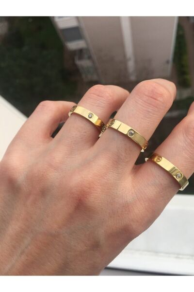 ACCESSORIES WORLD Çelik Zirkon Taşlı Gold Yüzük
