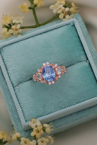 passion silver Kalpli Aqua Taşlı 14 Ayar Rose Altın Kaplama Kadın Yüzük