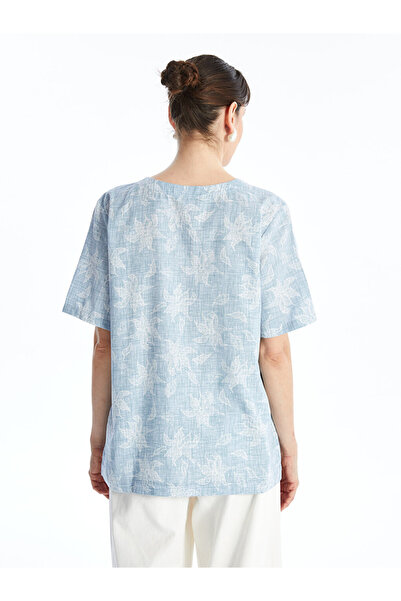 LC Waikiki Dámská halenka LCW Linen Blend Crew Neck s květinovým potiskem - krátký rukáv