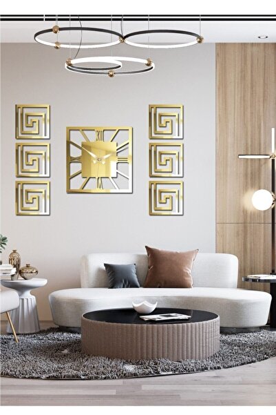 EYKA STORE Modern Dekoratif 6 Tablo + Orta Aynalı Gold Plexiglass Kare Saat 7...