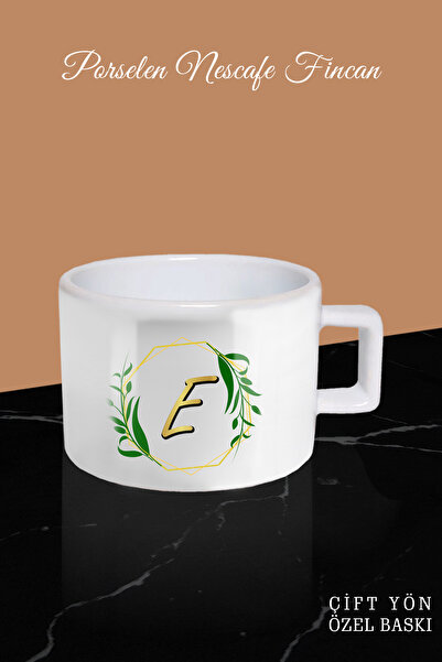 yhfoto كوب قهوة أبيض - كوب بتصميم ورقة دائرية على شكل حرف E