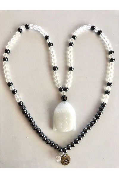 PİRAMİGO Myanmar Jade Buddha - 108 Pieces Mala Necklace with Moon and Hematite Stone