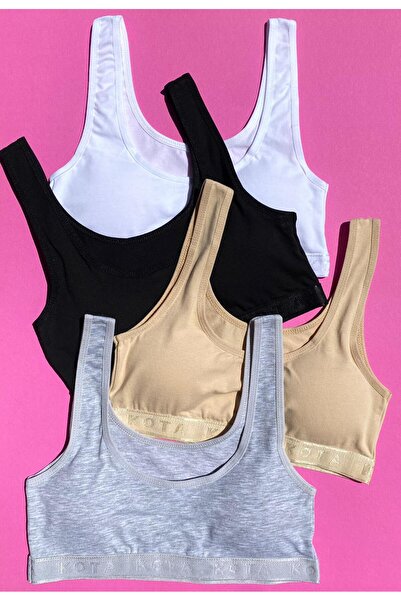 VicTroy Çıkarılabilir Pedli 3'lü Pamuklu Likralı Ten Siyah ve Beyaz Renk Bustiyer- Yarım Atlet