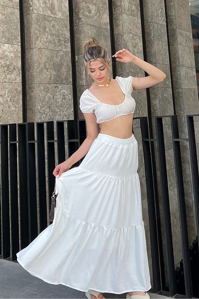 la & vetta White Pleated Layered Maxi Skirt