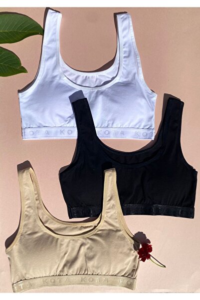 VicTroy Çıkarılabilir Pedli 3'lü Pamuklu Likralı Ten Siyah ve Beyaz Renk Bustiyer- Yarım Atlet