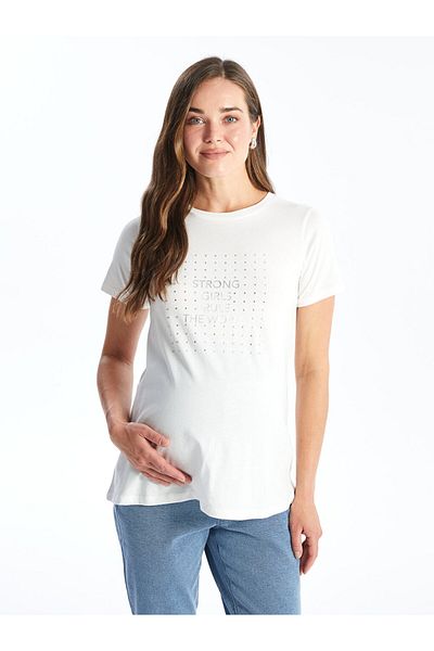 LC Waikiki LCW Umstands-T-Shirt – Rundhalsausschnitt, glänzender Steindruck, kurze Ärmel