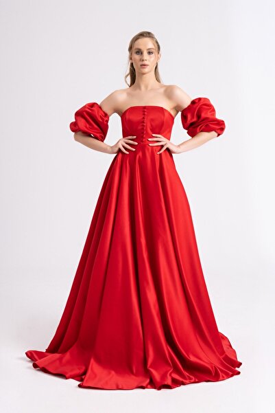 Lenta Moda Kırmızı Düğme Detaylı Saten Abiye Ve Gece Elbisesi