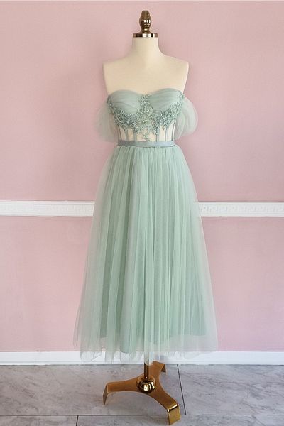 Lenta Moda Νεροπράσινο ντραπέ και κεντημένο με δαντέλα με λεπτομέρεια μίντι τούλι βραδινό φόρεμα και βραδινό φόρεμα