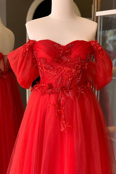 Lenta Moda Red 3D Lace Detailed Midi Length Evening Dress and Prom Dress