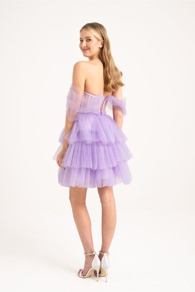 Lenta Moda Lila Mini Işlemeli Dantel Detaylı Abiye Ve Gece Elbisesi