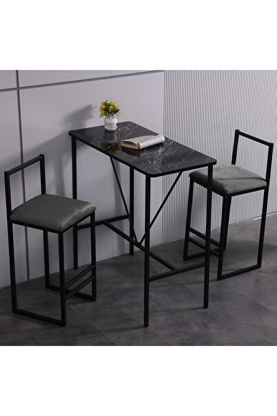 Armadeko Bar Siyah Masa Sandalye Takımı Metal 2'li Ada Mutfak Yemek Masası Ot...