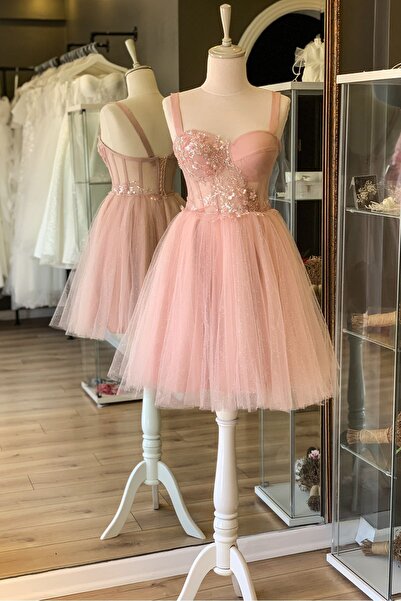 Lenta Moda Pudra Simli Mini Dantelli Gece ve Parti Elbisesi