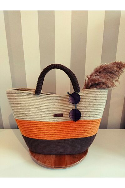 Yektayla حقيبة يد مصنوعة يدوياً، حقيبة يد، حقيبة شاطئ بني، برتقالي، بيج