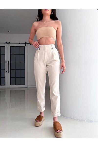 Niceboutique بنطلون كتان بيج عالي الخصر