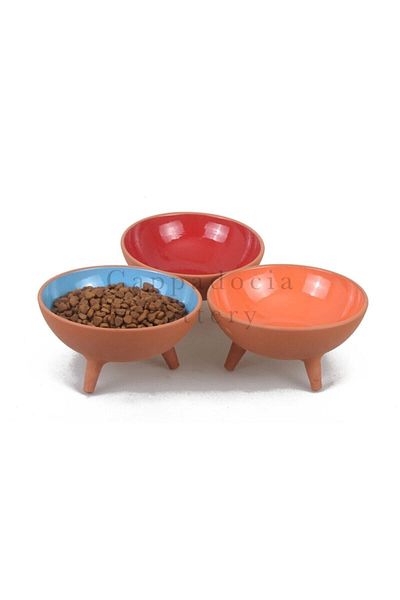 Cappadocia Pottery مجموعة حاوية طعام القطط الفخارية المزججة المكونة من 3 قطع