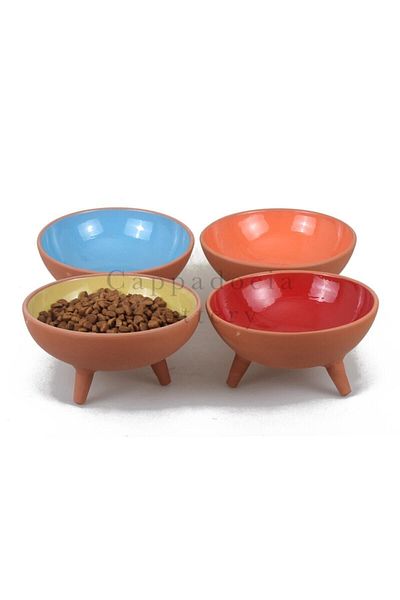 Cappadocia Pottery مجموعة حاوية طعام القطط الفخارية المزججة المكونة من 4 قطع