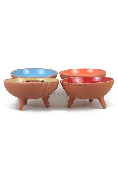 Cappadocia Pottery مجموعة حاوية طعام القطط الفخارية المزججة المكونة من 4 قطع