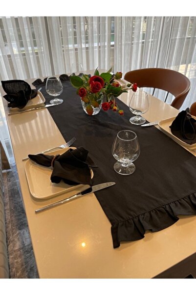 Decamor home Siyah Ham Keten Tek Kat Fırfırlı Dertsiz Runner