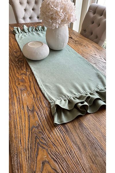 Decamor home Vintage Velvet Textured Worry-Free Double Ruffle Green Coffee Table Runner