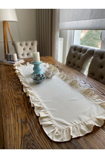 Decamor home Kadife Dokulu Tam Fırfırlı Vintage Ekru Runner