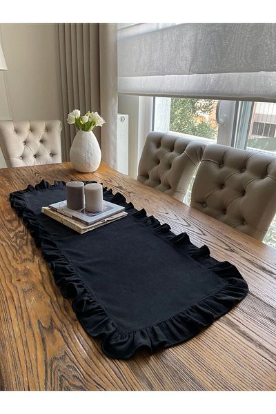 Decamor home Runner cu volane complet negru, texturat din catifea vintage