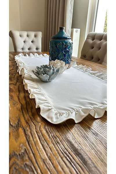 Decamor home Ecru Vintage Linen Runner - Carefree and Ruffled
