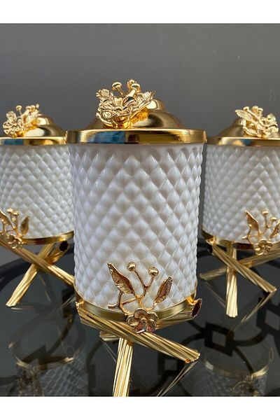 vanilya accessory Gold Colored White Crystal Glass Triple Jar Set