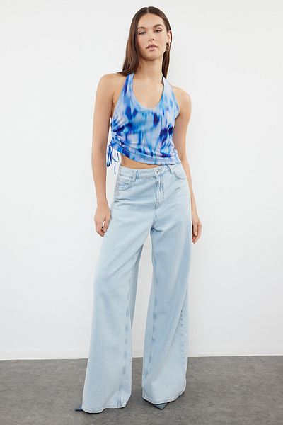 Trendyol Collection Abstract μοτίβο drape Λεπτομερής μπλε πλεκτή μπλούζα - λαιμόκοψη TWOSS24BZ00630