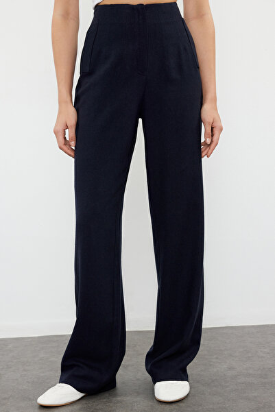 Trendyol Collection Magas derekú, széles szárú sötétkék vászon szőtt nadrág - TWOSS24PL00169